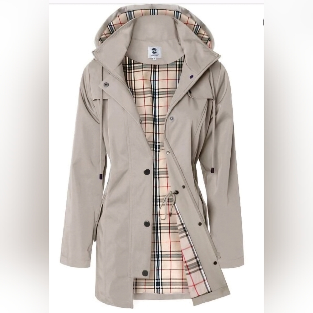 Waterproof Women's Beige Hooded Jacket - Raincoat Outdoor Windbreaker
